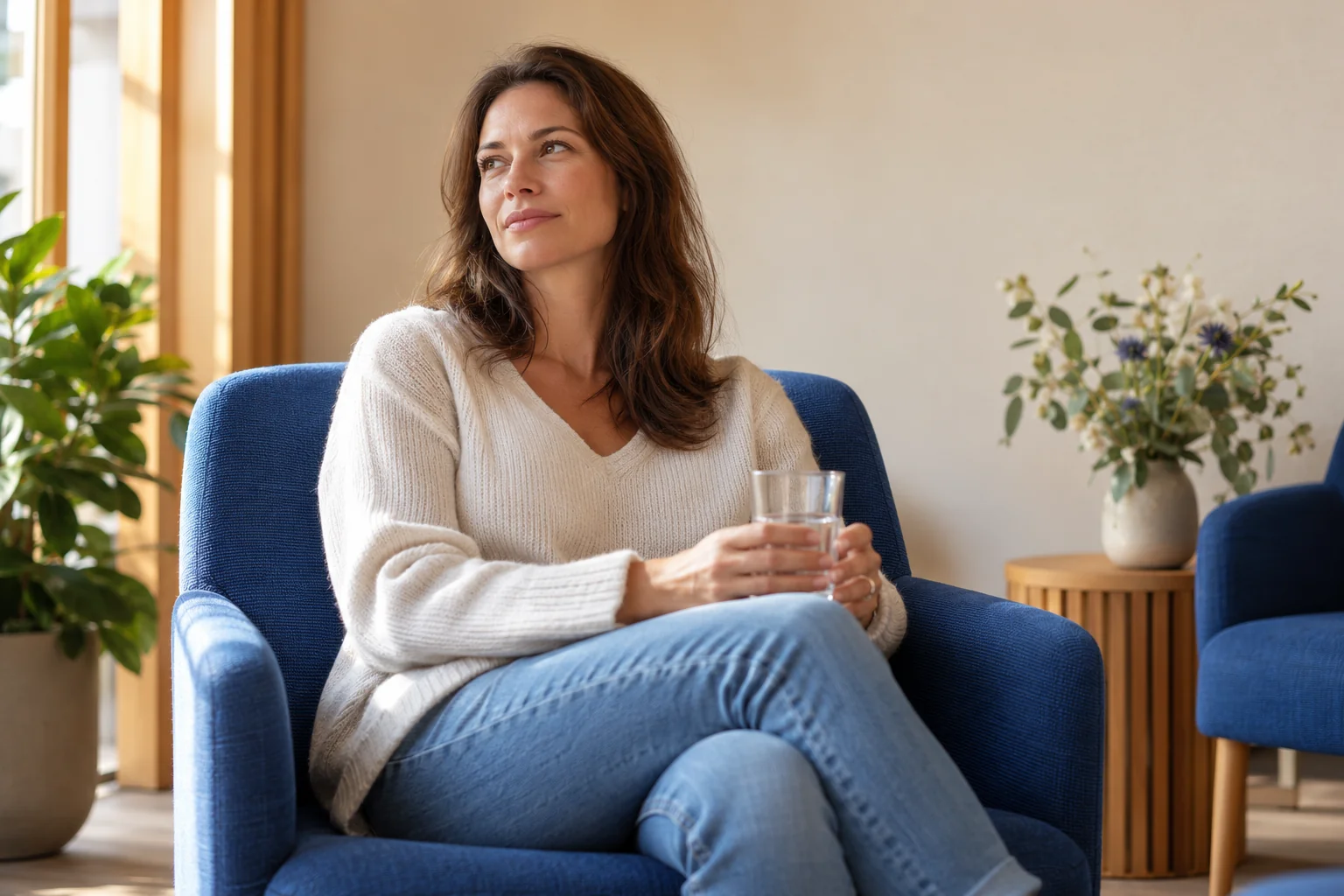Eine erwachsene Frau sitzt mit einem Glas Wasser in einem blauen Sessel.