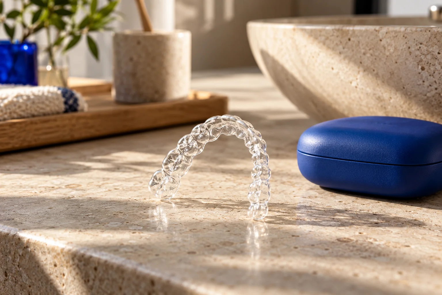 Transparente Aligner-Zahnschiene neben einem blauen Etui.