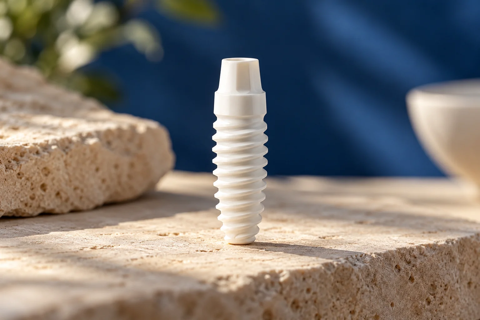 Weißer keramischer Implantatkörper mit Gewinde.