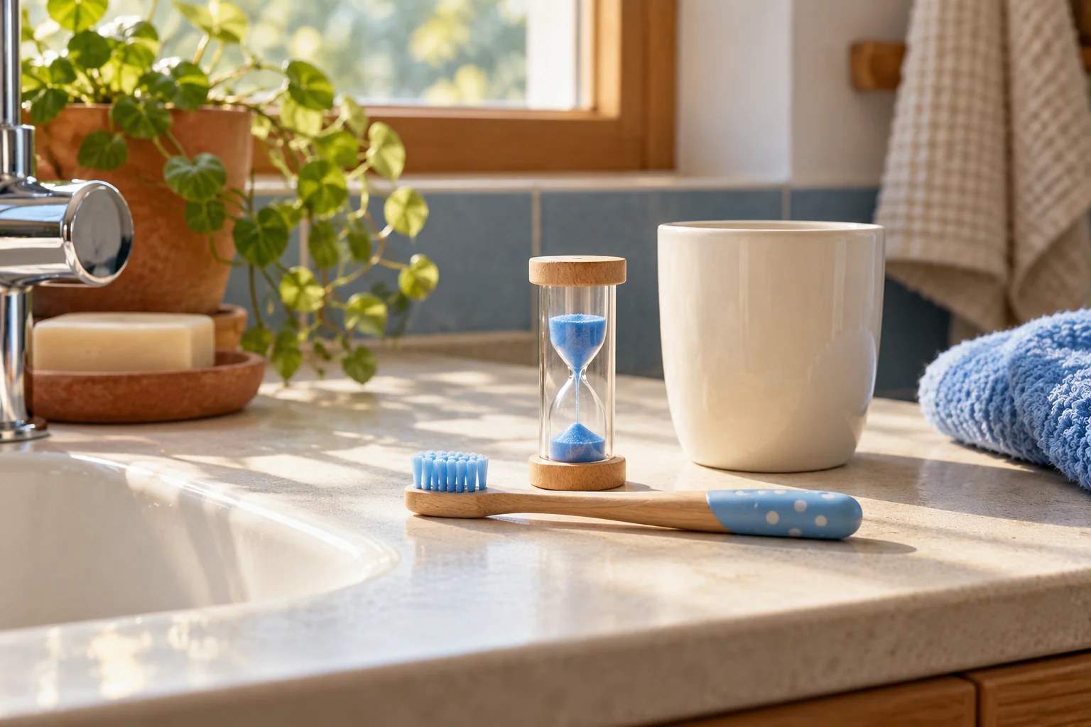 Kleine weiche Kinderzahnbürste mit Sanduhr und Becher.