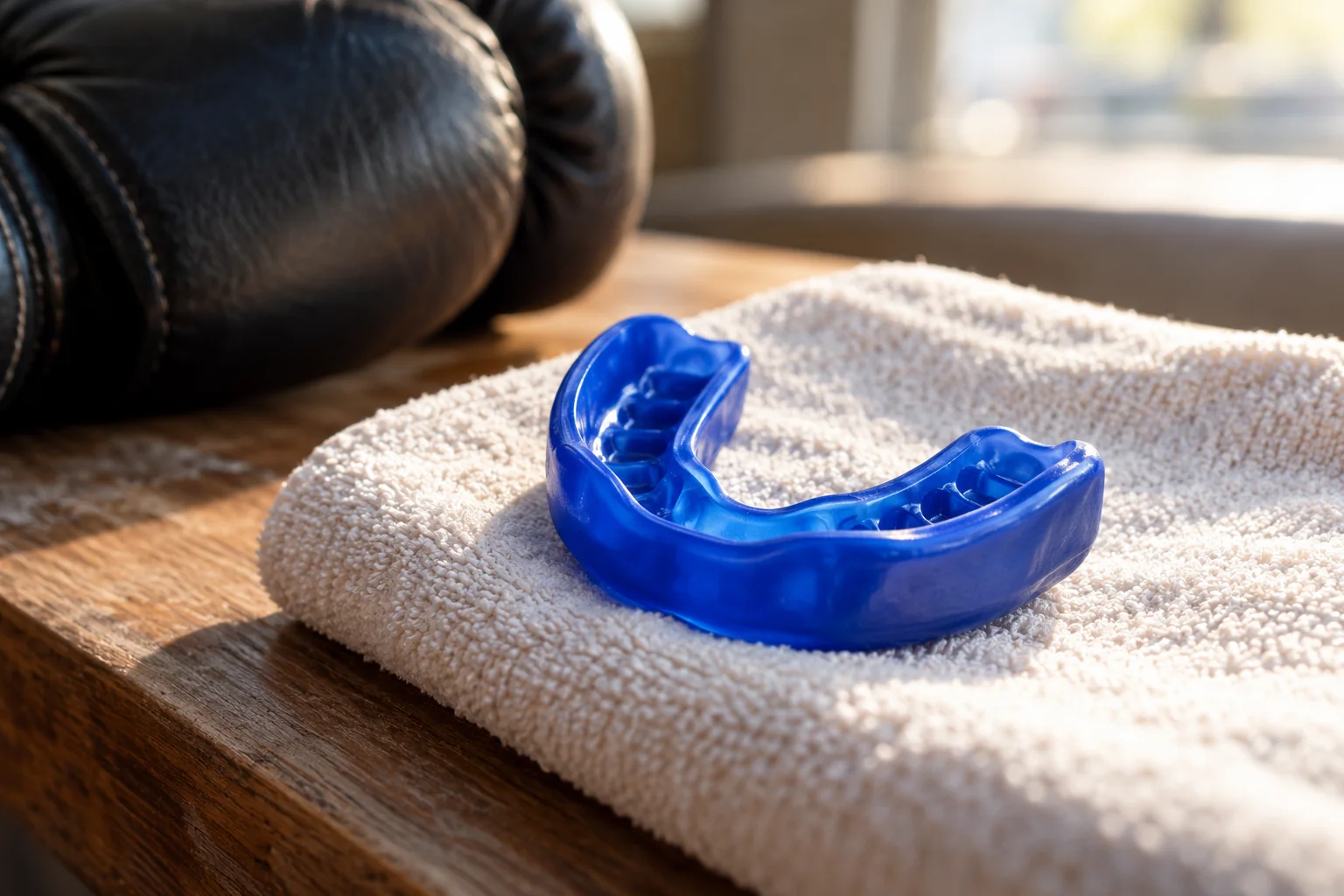Blauer Sportmundschutz neben einem Boxhandschuh.