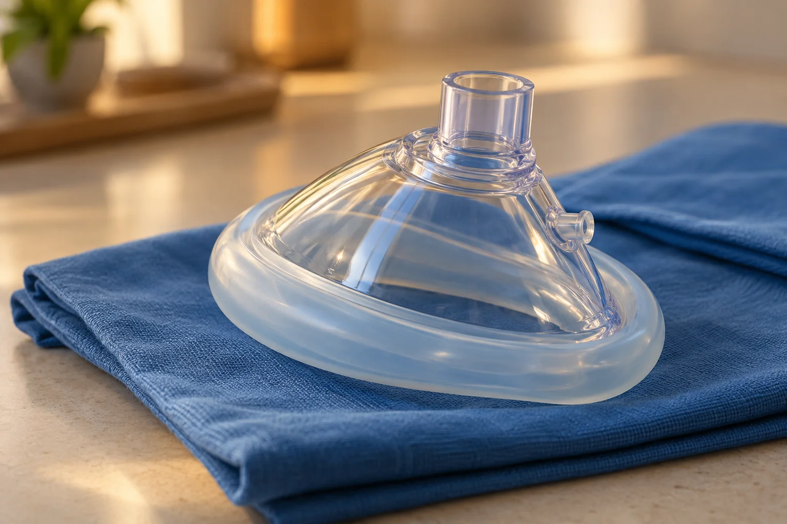 Transparente Anästhesiemaske auf einem gefalteten blauen Tuch.