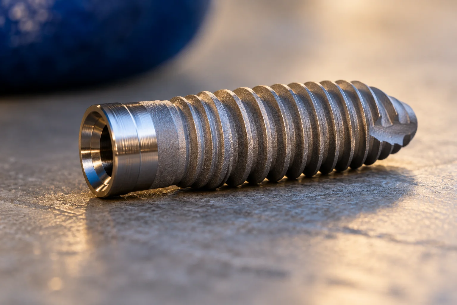 Nahaufnahme eines liegenden metallischen Implantatkörpers mit Gewinde.