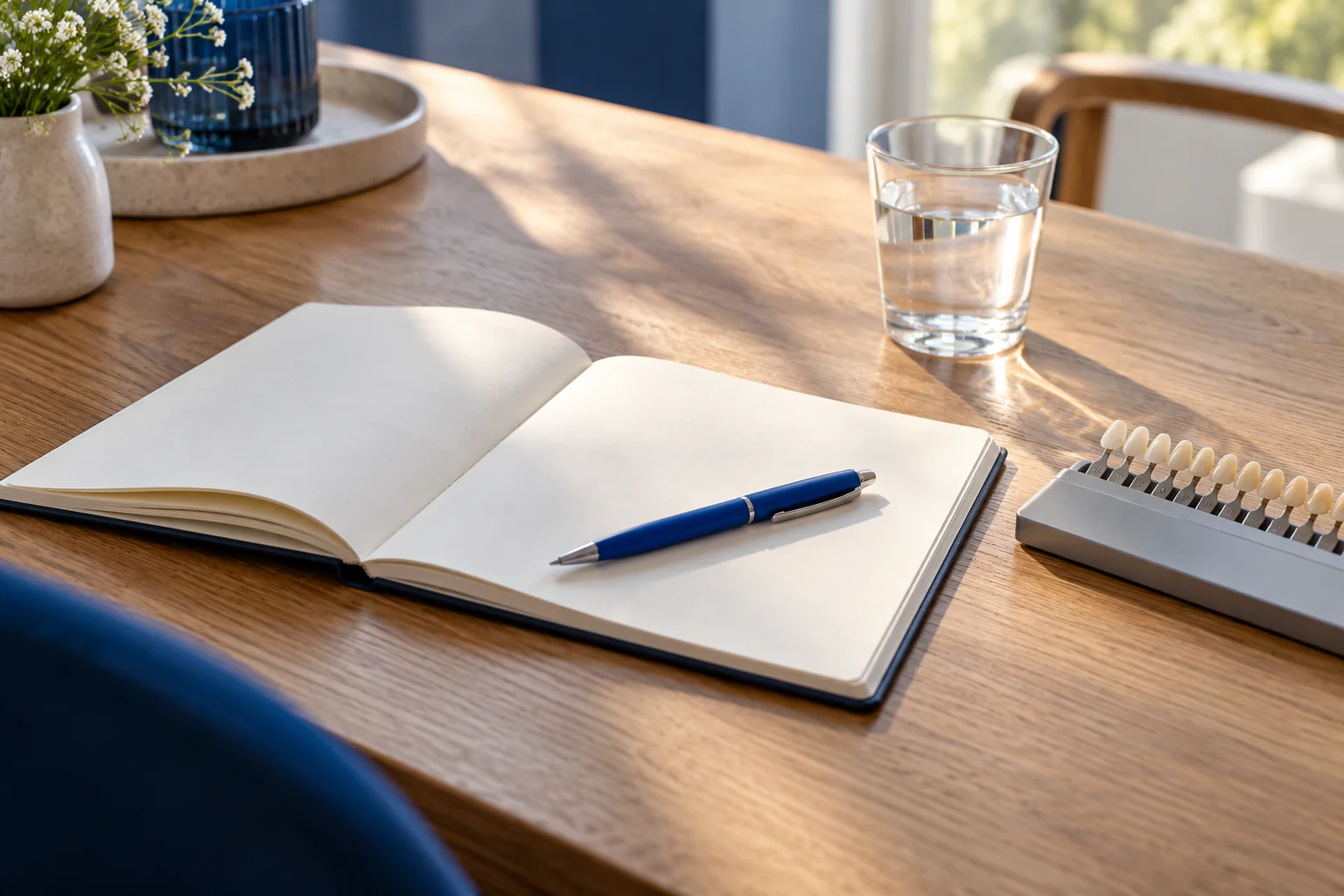 Offenes Notizbuch, blauer Stift und Zahnfarbmuster auf einem Tisch.