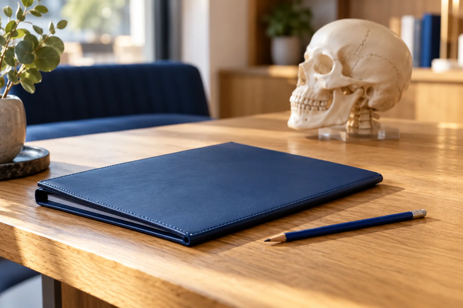 Anatomisches Schädelmodell hinter einer Planungsmappe und einem Stift.