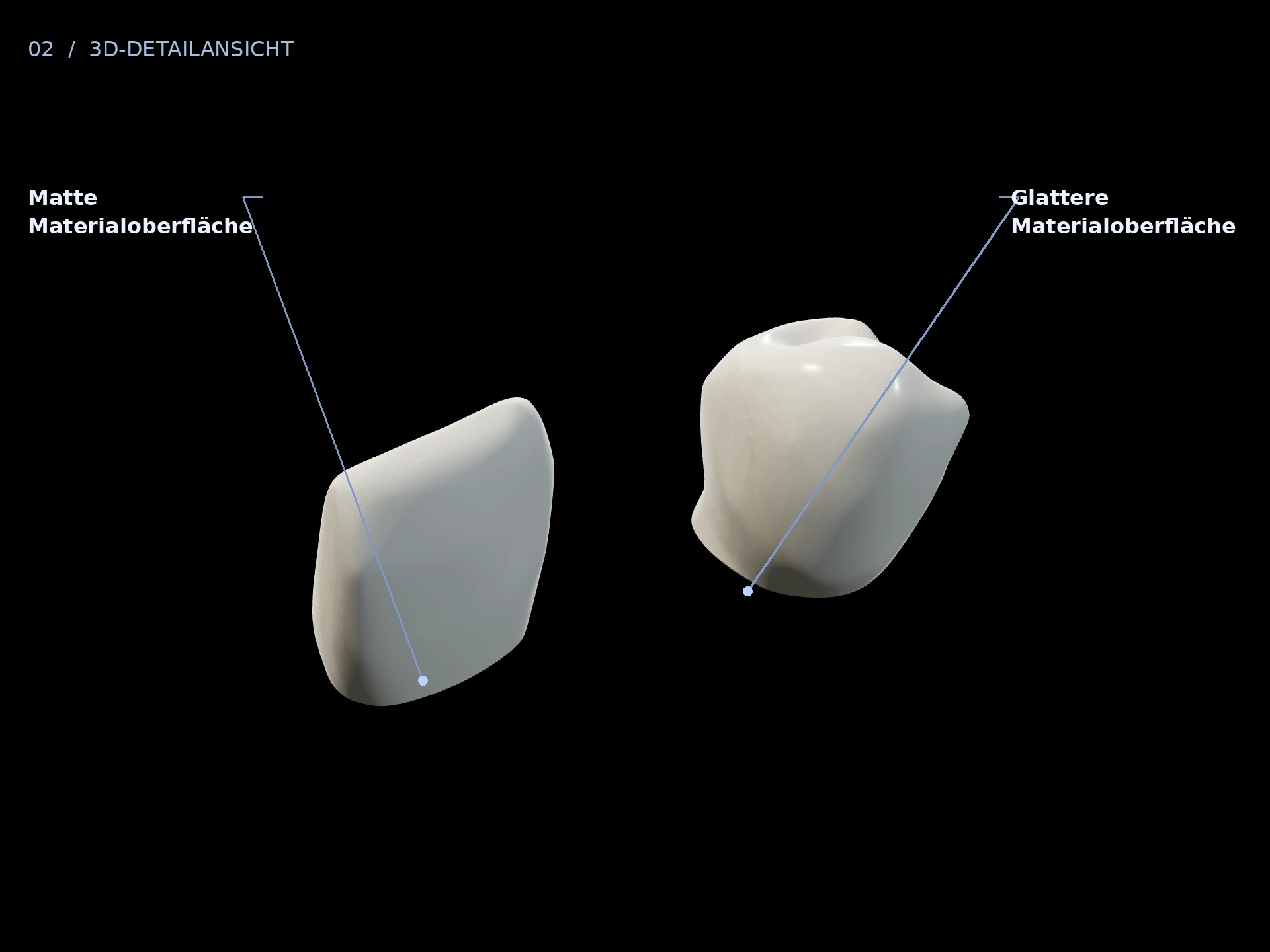 Bearbeitung: beschriftete 3D-Ansicht mit Matte Materialoberfläche, Glattere Materialoberfläche